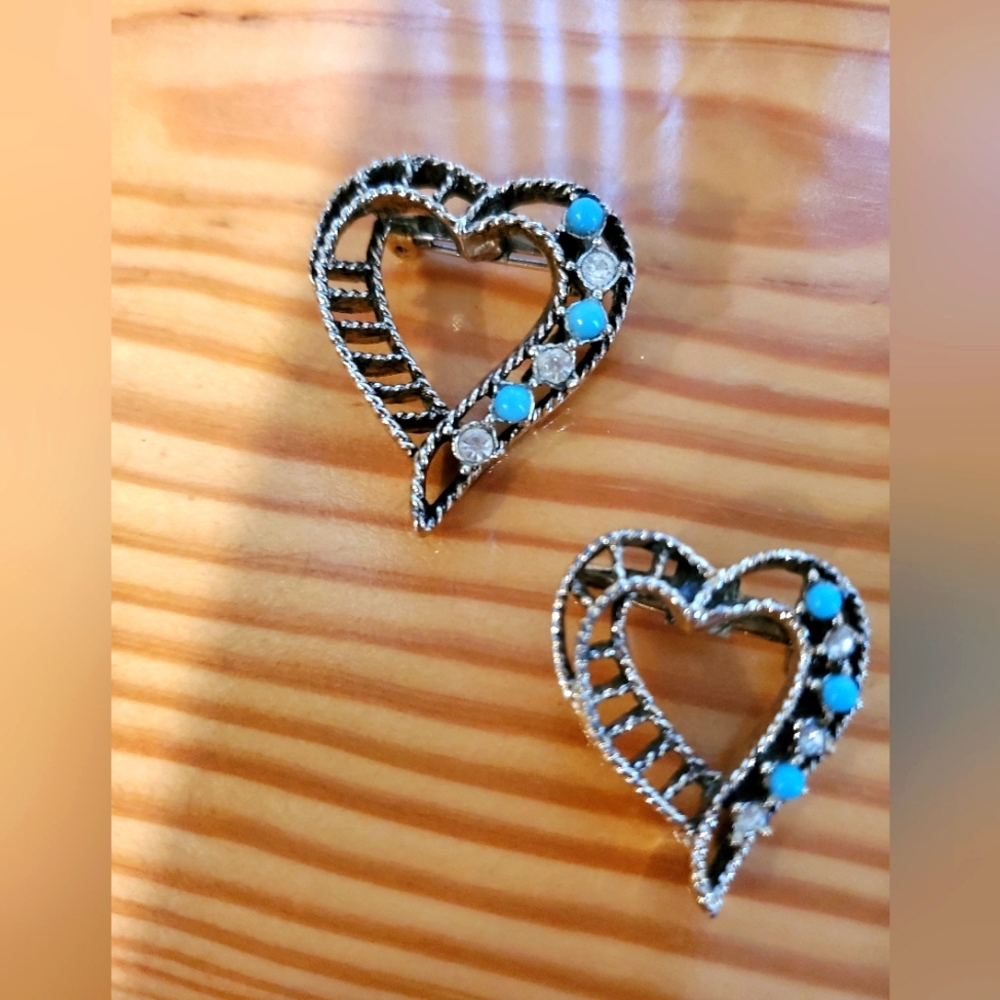Vintage Elegant Heart-Shaped Brooches with Turquoise  & Rhinestone Accents